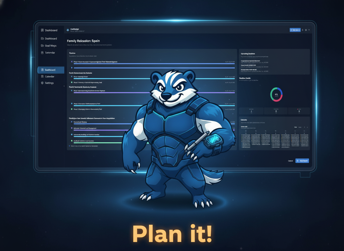 The Goalbadger mascot in front of the application dashboard, with the text 'Plan it!'